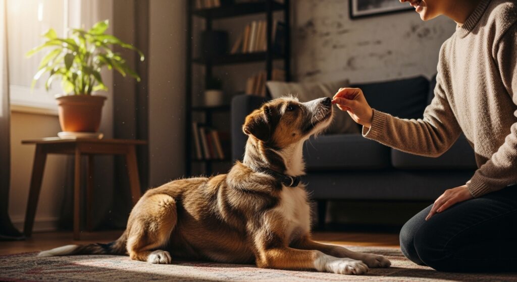 A woman teaching her mixed-breed puppy on how to stay A woman teaching her mixed-breed puppy on how to stay