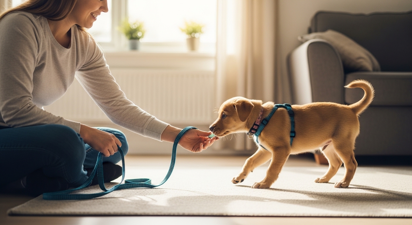 Woman introducing her puppy to a leash Woman introducing her Labrador puppy to a leash