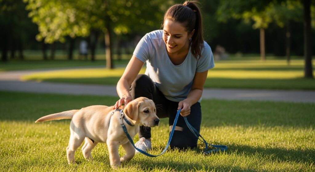A woman taking her puppy outdoors for a walk on a leash for the 1st time